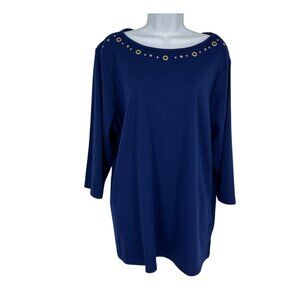 Quacker Factory Navy Embellished Neckline Long Sleeve Shirt Women's Size XL